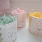 Three scented candles labeled 'ICED MATCHA Latte', 'ICED STRAWBERRY Latte', and 'ICED MANGO Latte' on a white surface.